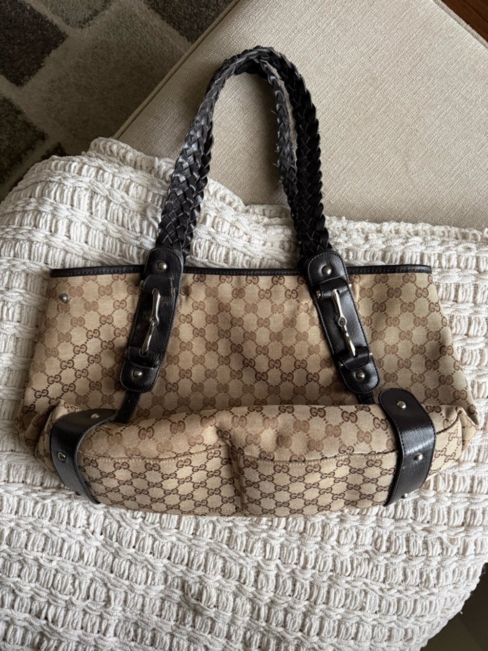 Gucci Beige Monogram Tote with Black Trim - Picture 5 of 6
